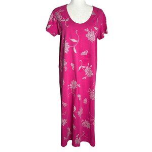 Vintage 90s Floral Cotton Maxi Dress Medium Pink Short Sleeve Scoop Neck